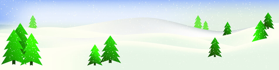 Horizontal winter landscape of snow drifts with green fir trees during snowfall. Winter banner, decoration black, greeting card. Vector illustration