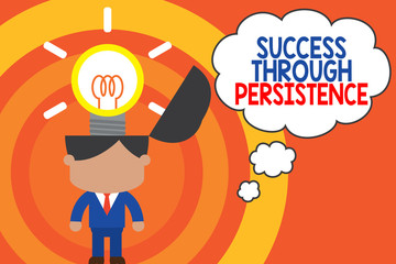 Word writing text Success Through Persistence. Business photo showcasing never give up in order to reach achieve dreams Standing successful man suit necktie surging brilliant innovative solutions