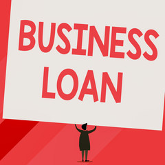 Conceptual hand writing showing Business Loan. Concept meaning Credit Mortgage Financial Assistance Cash Advances Debt Short hair woman dress hands up holding blank rectangle