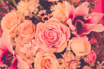 Bouquet of roses and color flowers decor close up.