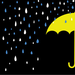 Yellow Umbrella with Rain coming down on Black Background with white and Blue Drops Raindrops Illustration