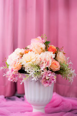 Bouquet of roses and color flowers decor close up.