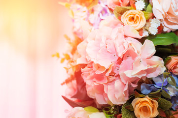 Bouquet of roses and color flowers decor close up.