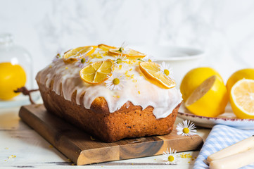 lemon drizzle cake, decorated with sugar icing