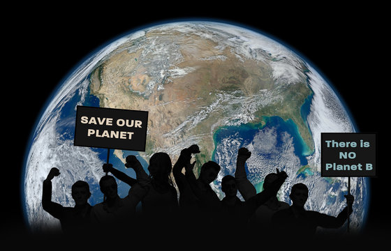 Political relationships. Activist people holding letters with words. Save our Planet, There is no Planet B with planet Earth in the background. Some elements of this image furnished by NASA.