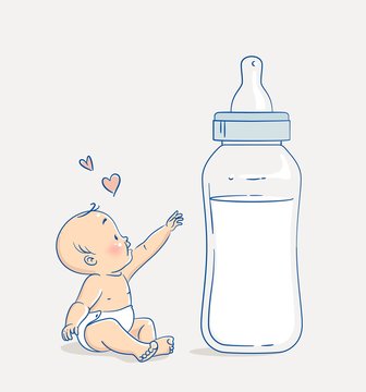 Cute baby boy sitting on floor and reaching out to a huge bottle of milk. Cartoon vector illustration