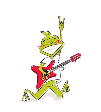 Funny cartoon rock star frog with guitar and rock n roll sign. Vector illustration