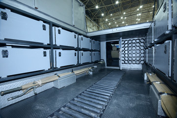 Transporter room of the armored personnel carrier - ammunition boxes, part of conveyor grenade storage - obrazy, fototapety, plakaty