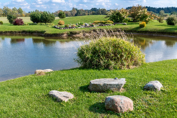 Fototapeta na wymiar Beautiful landscape with pond, meadow and trees