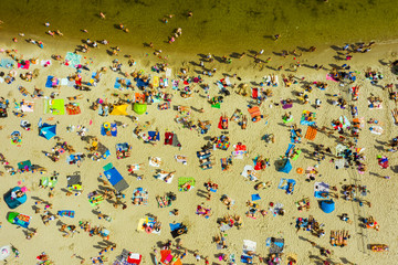 Top view of the beach in Gdansk, Poland. The beach is located on the shores of the Baltic Sea....