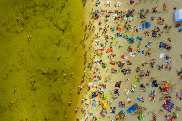 Top view of the beach with overflows and people swimming in the Baltic Sea of the city of Gdynia,...
