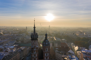 Naklejka premium Krakow, Poland. Aerial view of Town hall tower sunrise