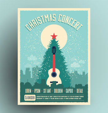 Christmas concert retro poster flyer design template for live musical event with christmas tree and acoustic guitar at city landscape. New year holiday theme vector illustration.