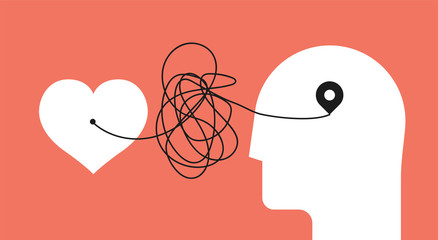From heart to head. Distorted path from soul to brain. Psychology concept about yourself listening for your psychology therapy blog article image or post. Minimalistic vector illustration.