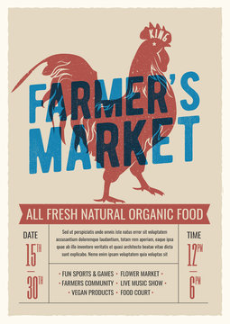 Farmer's market poster flyer design with red rooster silhouette. Vintage styled vector illustration.