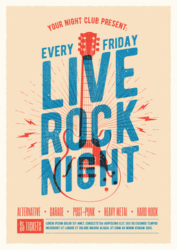 Live rock music night party promo ad flyer design. Live music poster. Vector illustration.