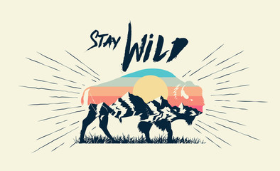 Double exposure effect buffalo bison silhouette with mountains landscape and stay wild caption. T-shirt print design. Vector illustration. - obrazy, fototapety, plakaty