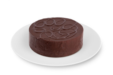 A round biscuit cake with cream lies on a white plate on a white background.