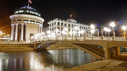 Fototapeta na wymiar Buildings of Skopje at Nighttime