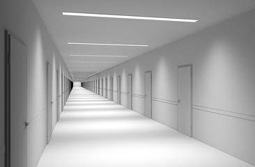 Long corridor with doors, interior visualization