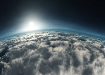 Earth from low orbit. Sunrise over the clouds. Sunset over the clouds. 3d rendering.