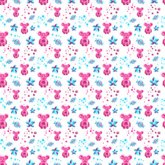 Cute animals. Seamless baby design pattern with owl, fox, mouse and candy sweets. Drawn background in blue, purple and pink colors. Textile, paper, wallpaper, poster, card, invitation and website.