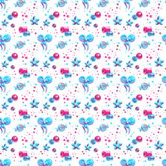 Fototapeta na wymiar Cute seamless baby pattern with bows, ribbons, candy sweets. Drawn background in blue, purple and pink colors. Textile, paper, wallpaper, poster, card, invitation and website., paper design.
