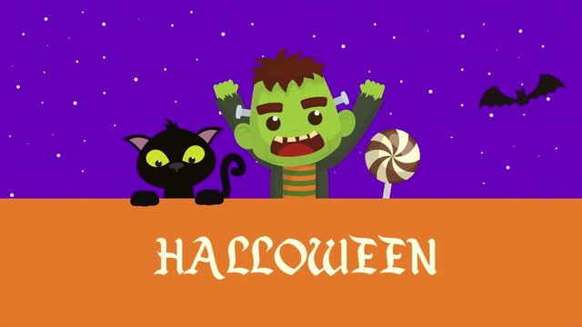 halloween dark scene with frankenstein and cat