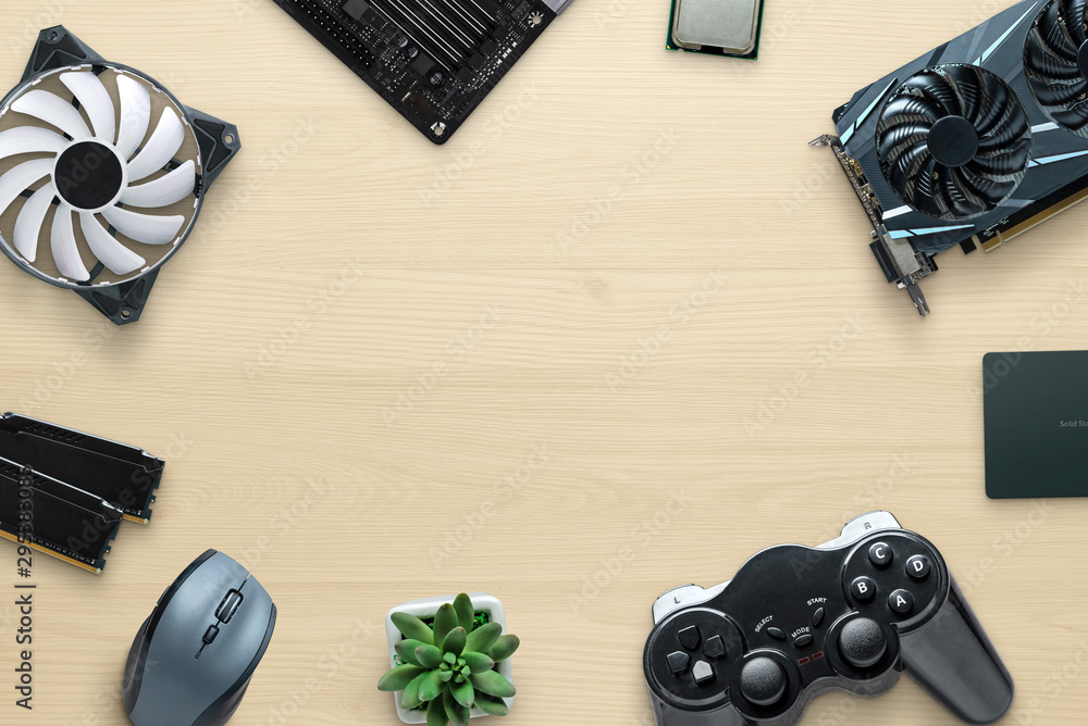 Aufkleber computer gaming composition concept with computer parts and gaming joypad.