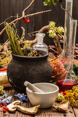 Witch's Laboratory. Alchemical equipment, Halloween concept