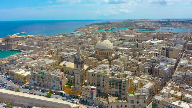 Aerial view of Lady of Mount Carmel church, St.Paul's Cathedral in Valletta city center, Malta