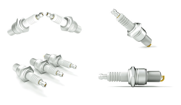 Spare parts spark plugs on white background for car and motorcycle. New auto parts spark plug. 3D render set