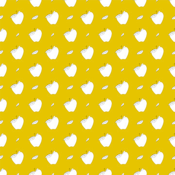 Seamless Pattern With Apples And Sheets On Yellow Gold Bg