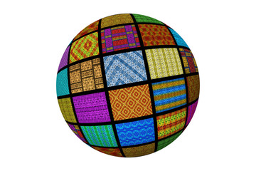 Multicolored globe of African fabrics, white background