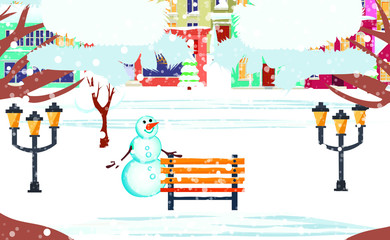Urban landscape. Bench, snowman, tree, lantern on the background of the village. The concept of holiday cards. Seamless border with a winter cityscape. Snowy night in a cozy city. Christmas village. 