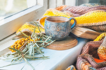 Cup of herbal tea, sea-buckthorn and knitted blanket on windowsill.