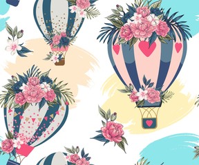 Bouquet vector beautiful aerostat Tender pink and blue flowers illustration blooming floral peonies set floral seamless pattern with blooming peonies flowers
