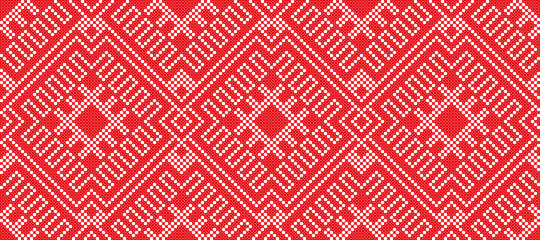 Seamless embroidered handmade cross-stitch ethnic Ukraine pattern for design. Vector red border illustration on white background. - obrazy, fototapety, plakaty