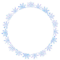 Snowflake round frame. Blue and violet colors. Watercolor hand drawn illustration. Isolated on white background. Color of background can be easily changed
