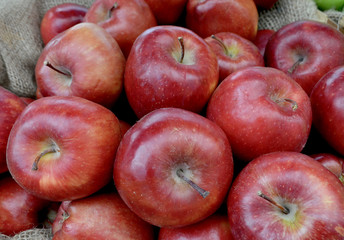 Crisp red delicious apples from New York State's Hudson Valley for sale at a local farm stand. Closeup. 