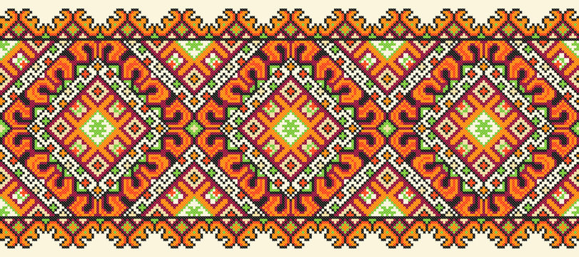 embroidered good like old handmade cross-stitch ethnic Ukraine pattern. Ukrainian towel with ornament, rushnyk called, in vector