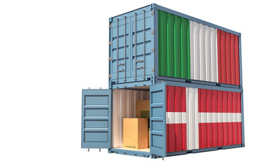 Fototapeta premium Two freight container with Italy and Denmark flag. Isolated on white - 3D Rendering
