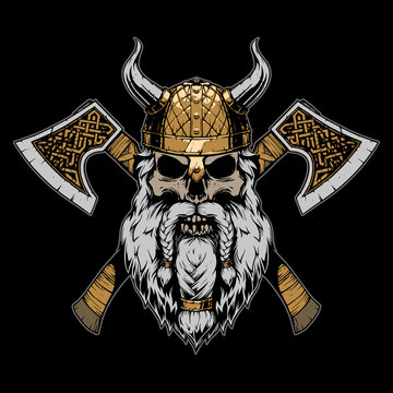 Viking skull illustration on black background