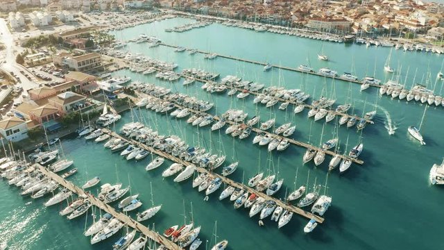 Aerial view of sailing yachts in marina. Lefkas, Greece