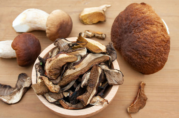 Dried mushrooms in a bowl surrounded by freshly picked boletus