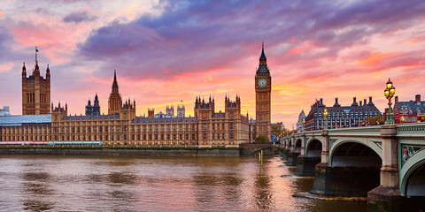 Big Ben and Westminster Bridge at sunset - obrazy, fototapety, plakaty