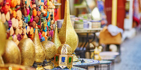 Selection of traditional lamps on Moroccan market