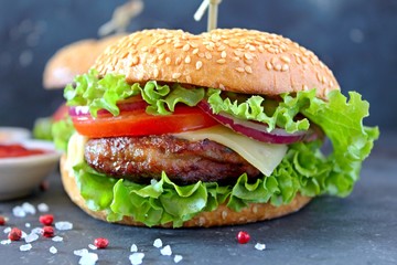 Homemade tasty hamburger. Fast food. Top view with copy space.
