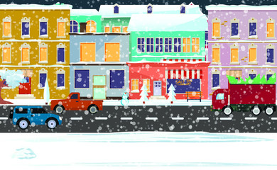 Winter cityscape. Cars drive on the road. Night snowfall in the countryside. Vector.
