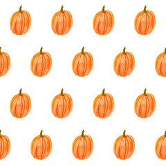Watercolor simple pattern with a white background. Hand drawn autumn orange ripe pumpkin. Repeated gourd temlpate